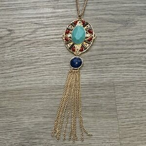 Bold Elegance Heavy Gold Tone Chain Glass Pendant Necklace w/Tassels 5/16-10